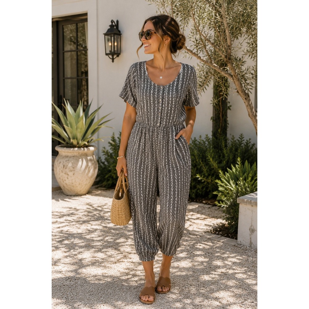 NEW Kate Quinn Jumpsuit Women L Black White Rope Print Bamboo Viscose Romper - Picture 1 of 9